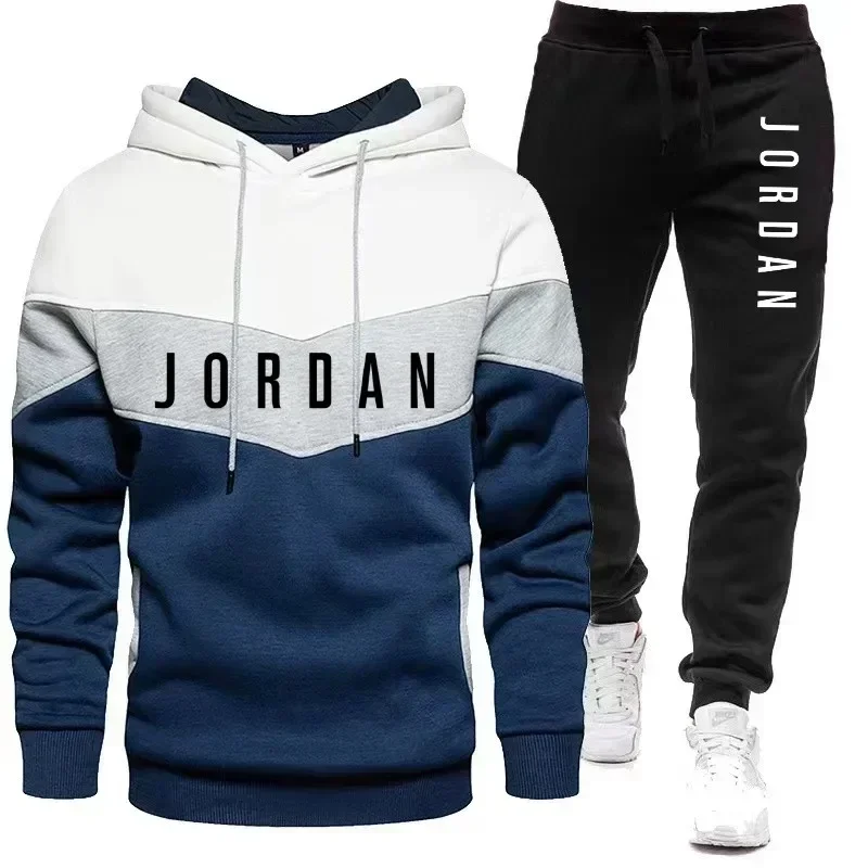 

New spring and autumn men's casual hoodie + jogging pants two-piece set, fashion outdoor patchwork printed men's tracksuit