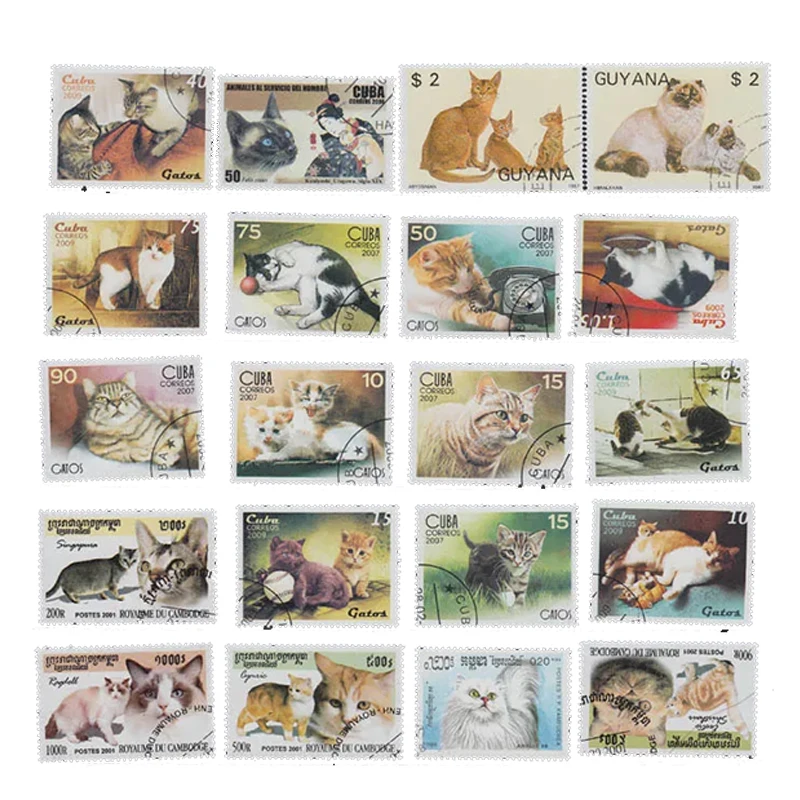 Cat Postage Stamps Kitten All Different From Different Countries with Postmark for Collecting