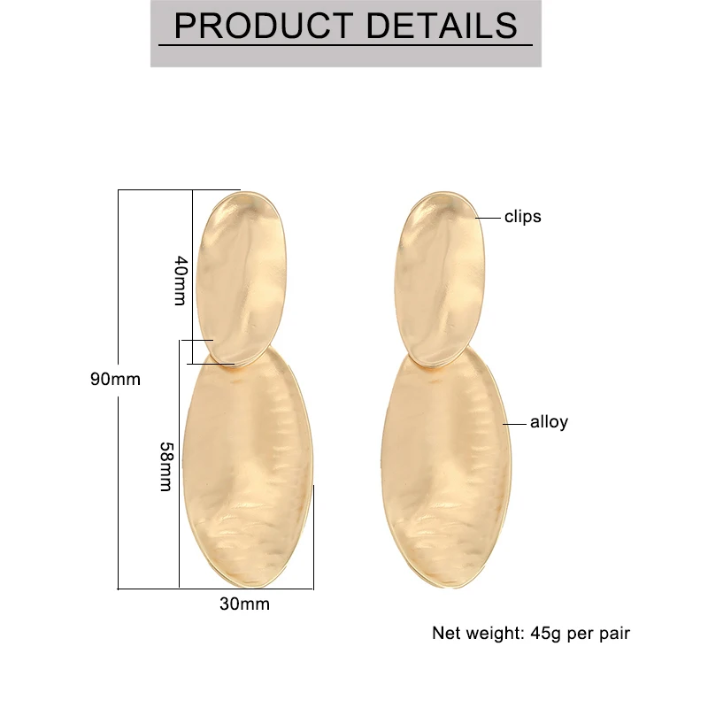 مبالغ فيها هزاز تصميم ماتي الذهب معدن هندسي طويل كليب على الأقراط لا ثقب أقراط الحفلات مجوهرات هدايا للنساء