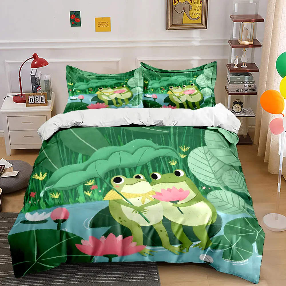 Décoration de chambre pour enfants et adultes « Frog Duo in Lily Pond Bliss », magnifique ensemble de literie en trois pièces, idéal comme cadeau.