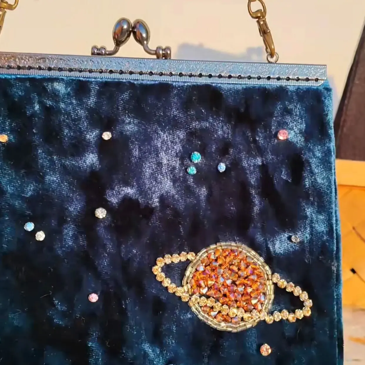 

Lost in Vintage Velvet Clutch Hand Embroidered Beads with Moon and StarsBag Kiss-lock Clasp Closure with Sequin Glitter Purses