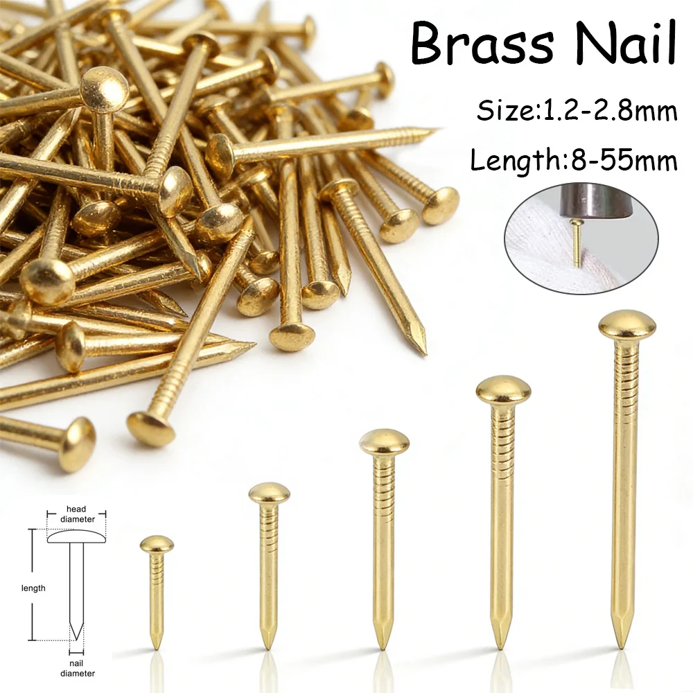25-200pcs Small Brass Nails, 1.2/1.5/2/2.8mm Decorative Round Head Pins for Furniture, Jewelry Box & Instrument Repair