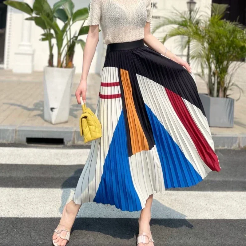 

Autumn Color Blocks Drape Long Pleated Skirt Geometric Striped Dotted A-line Vintage Printed Swing Long Skirts Z672