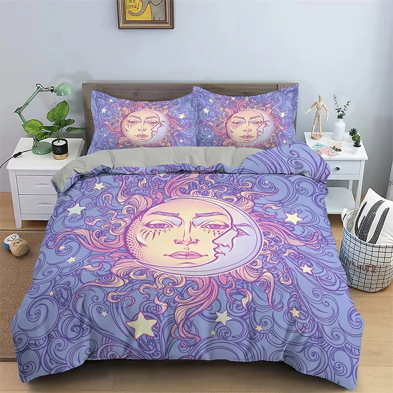 Sun and Moon Duvet Cover Queen Twin Stars Galaxy Constellation Bedding Set Bohemian Comforter Cover For Boys Girls Bedroom Decor