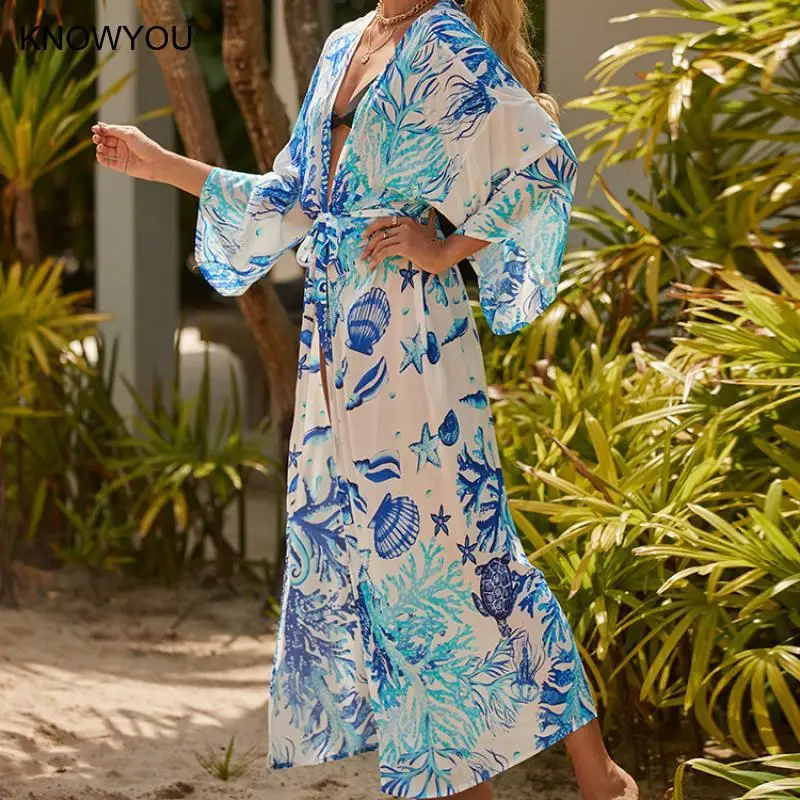 Beach Cover Ups เซ็กซี่เสือดาวพิมพ์ชุดว่ายน้ํา Cape ผู้หญิงยาว Pareo Self Belted Wrap ชุดวันหยุดชุดว่ายน้ําชุดกิโมโนเสื้อคลุม