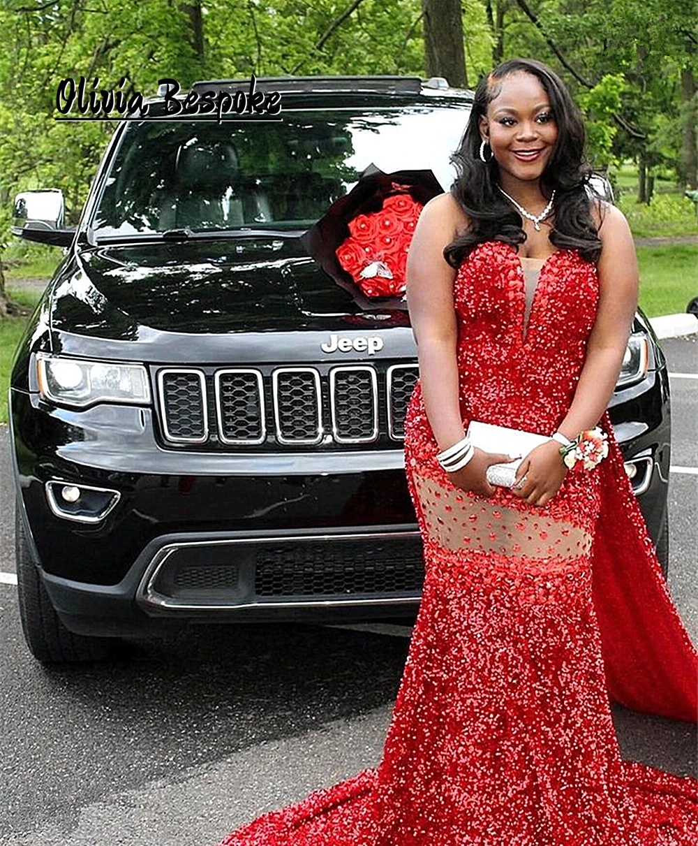 

Flowery Red Birthday Prom Dress Luxury 2025 Beaded Rhinestones Sequin African Wedding Gowns For Black Girls Evening Customized