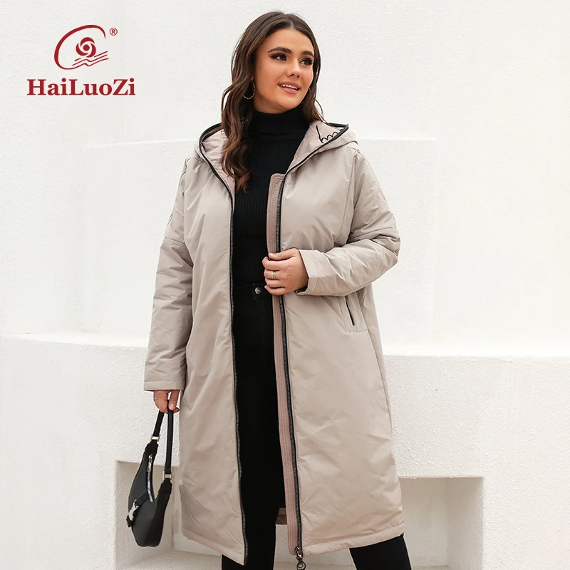 

HaiLuoZi Spring Women Jacket Fashion Belt Design Hooded Warm Women's Coat Large Size XXL-7XL Splicing Female Long Parkas 7850