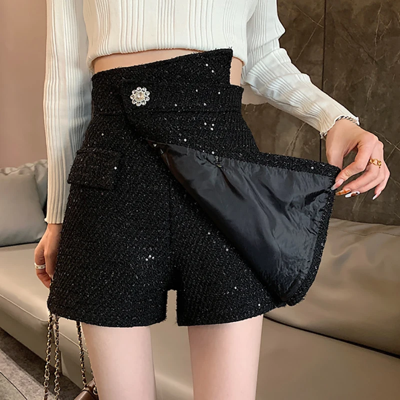 HELIAR Women Tweed Buttons Casual Shorts High Waist A-line Office Elegant Shorts Female Irregular Shorts Spring Summer Pants