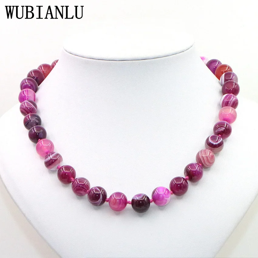 WUBIANLU 6-12mm Natural Stone Purple Agates Pink Onyx Stripe Round Beads Necklace Women Jades Findings Wholesale