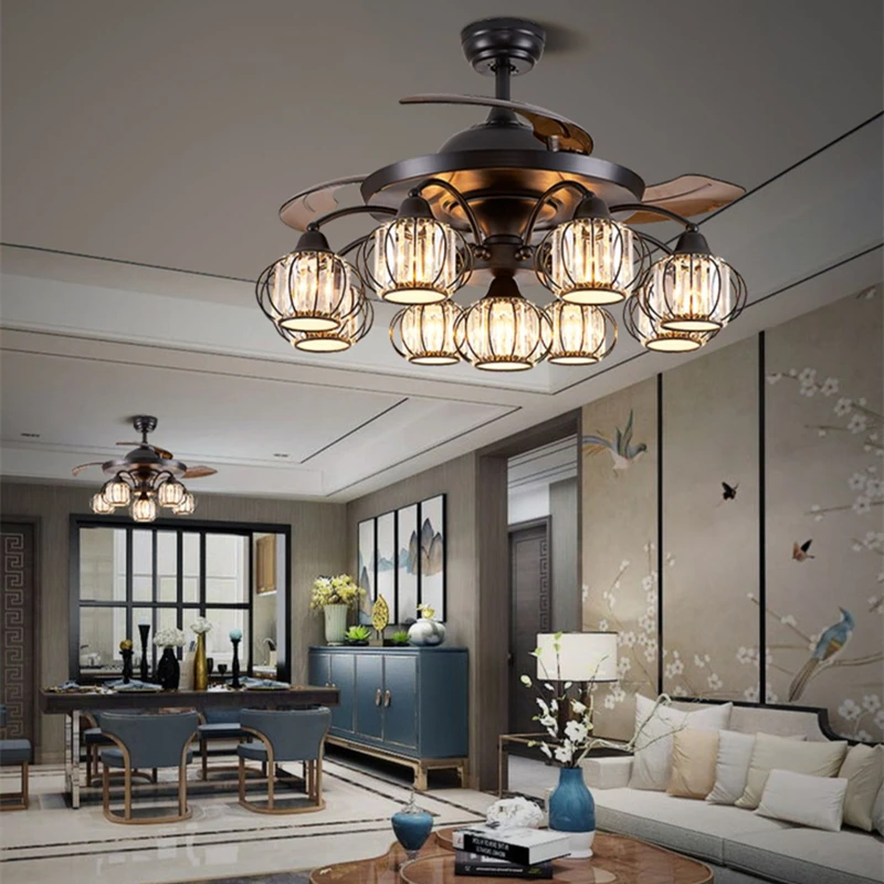 

European Luxury Intelligent Ceiling Fan Lamp Retro Restaurant Invisible Fan Ceiling Lights Villa Cafe Crystal Ceiling Fan Lights