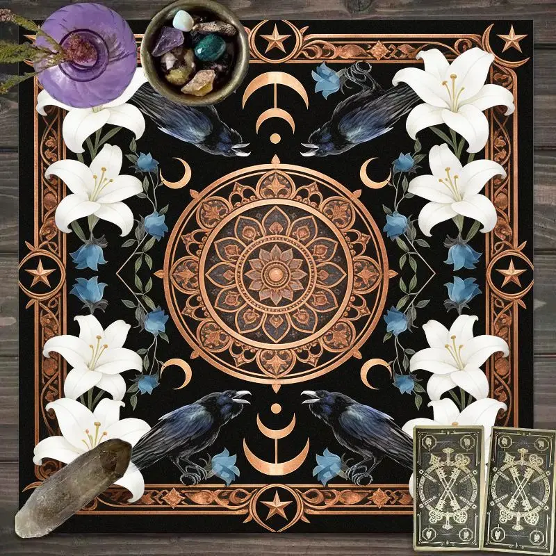 VIKAMA Raven Lily Triple Moon Tarot Table Cloth Copper Mandala Altar Cloth Floral Wiccan Witch Divination Ritual Table Mat