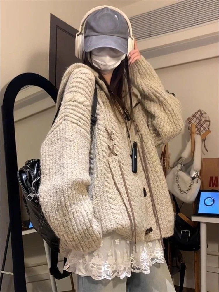 サブカルチャー ヴィンテージ フード付きカーディガン ストリートウェア レディース カジュアル ルーズトップス 2025 秋 ハラジュク グランジ セーター 2000年代 ハラジュク コート