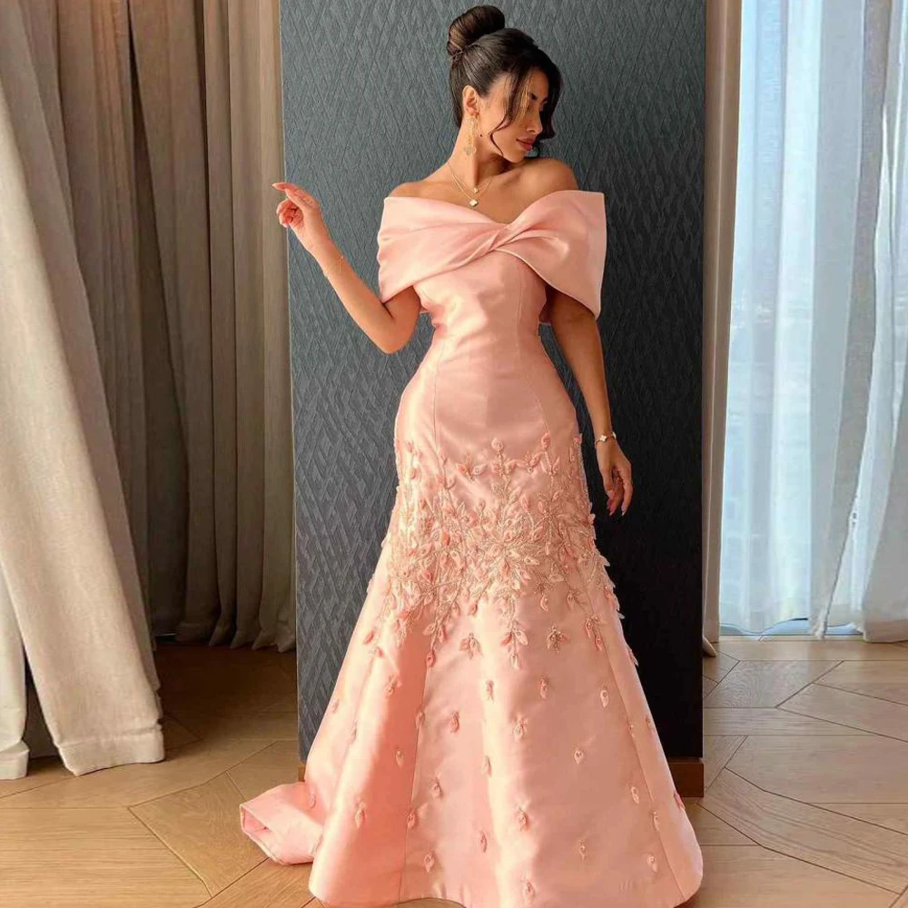 

Exquisite Pink Satin Evening Dress Mermaid Fashion Off the Shoulder Prom Dress Customized Lace Up Back Special Occasion Gowns