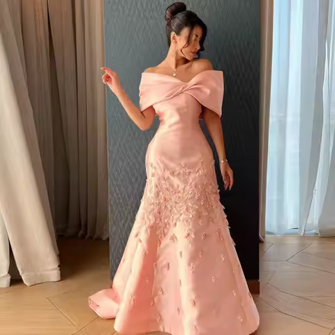 Exquisite Pink Satin Evening Dress Mermaid Fashion Off the Shoulder Prom Dress Customized Lace Up Back Special Occasion Gowns