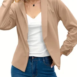 Spring and Autumn Women's Solid Color Suit Collar Short Cardigan Spliced Long Sleeve Pleated Coat Fashion Elegant Commuter Tops