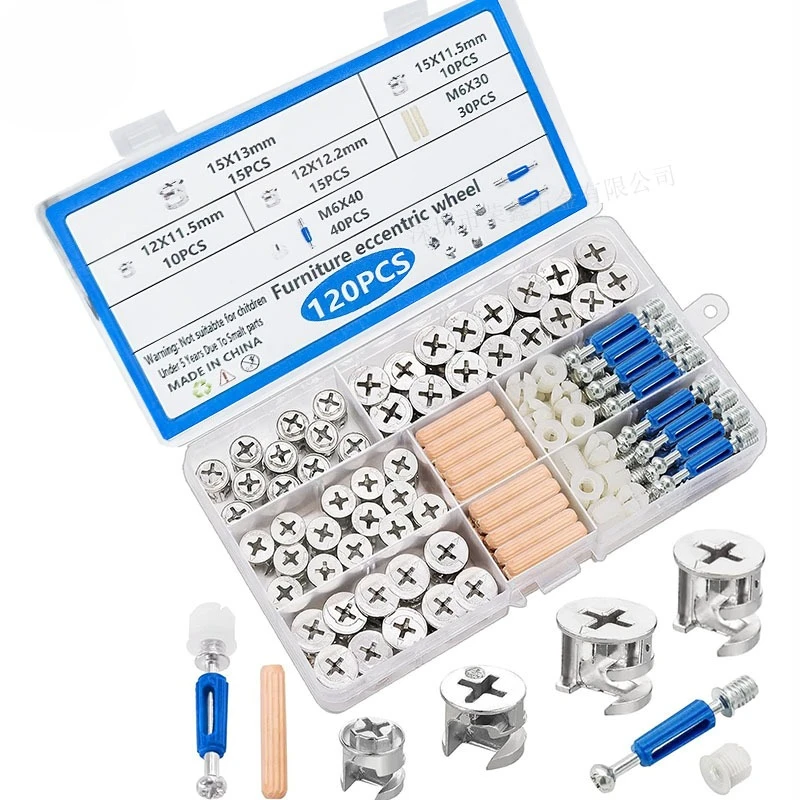 120Pcs Furniture Eccentric Cam Assortment Kit, Multi-size Nuts Bolts & Wood Dowel Pins Set