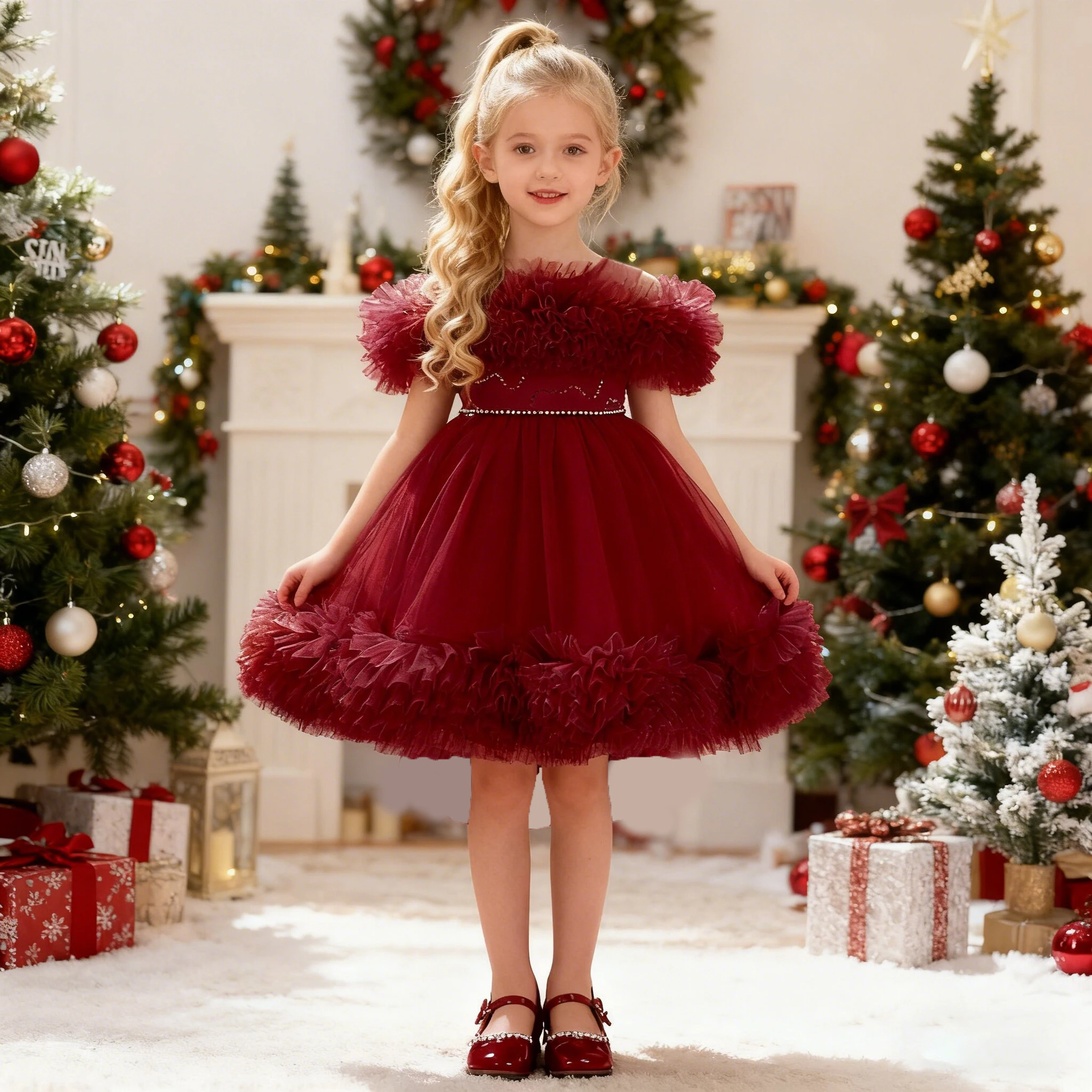 Elegant Tulle Bridesmaids Party Girls Dress Christmas Costumes Bow Wedding Birthday Princess Dresses Girl Evening Prom Vestidos