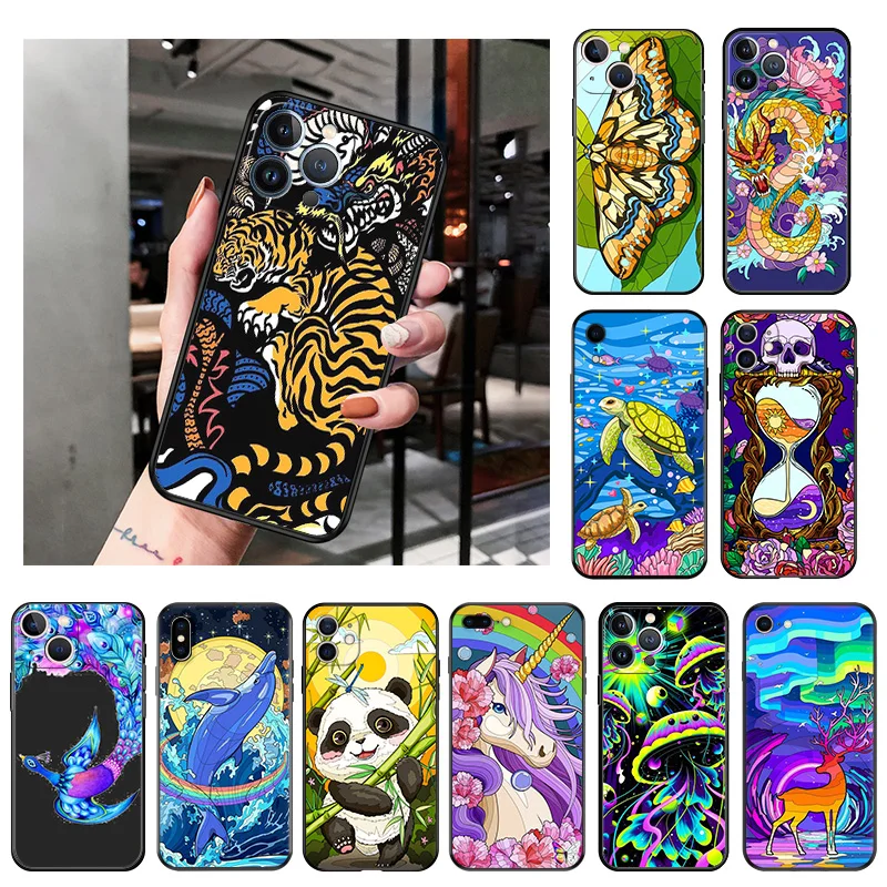 Matte Phone Case For iphone 16 Plus 15 14 13 12 11 Pro Max Mini 7 8 XR XS Abstract Hourglass Phoenix Mushroom Black Soft Cover