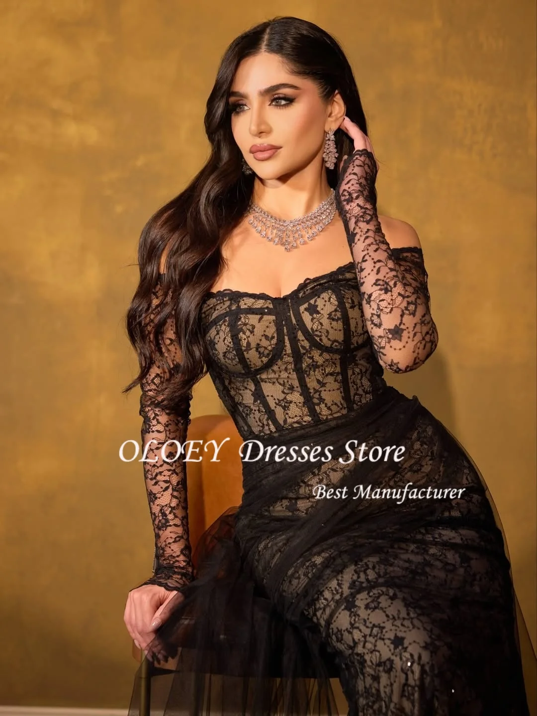 OLOEY Czarne Koronkowe Sukienki Wieczorowe Seksowna Czarna Sukienka Syrena z Gorsetem na Wesele, Sukienka na Przyjęcie, Długa Suknia Balowa z Długim Rękawem na Zamówienie, Vestidos