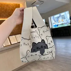 Cat Knitted Wrist Bag Women Bag Casual Shoulder Tote Bag Female Reusable Shopping Bags Woven Handbag Simple