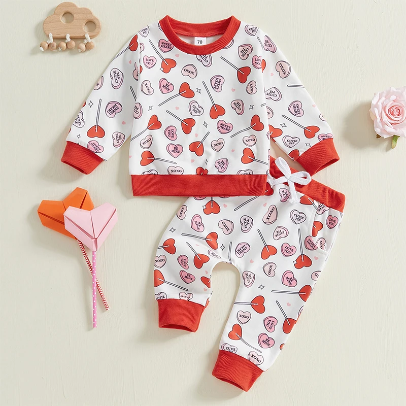 2024-09-14 Lioraitiin Baby Girl Valentine’s Day Outfits Long Sleeve Heart Lollipop Print Sweatshirt and Pants Set Spring Clothes