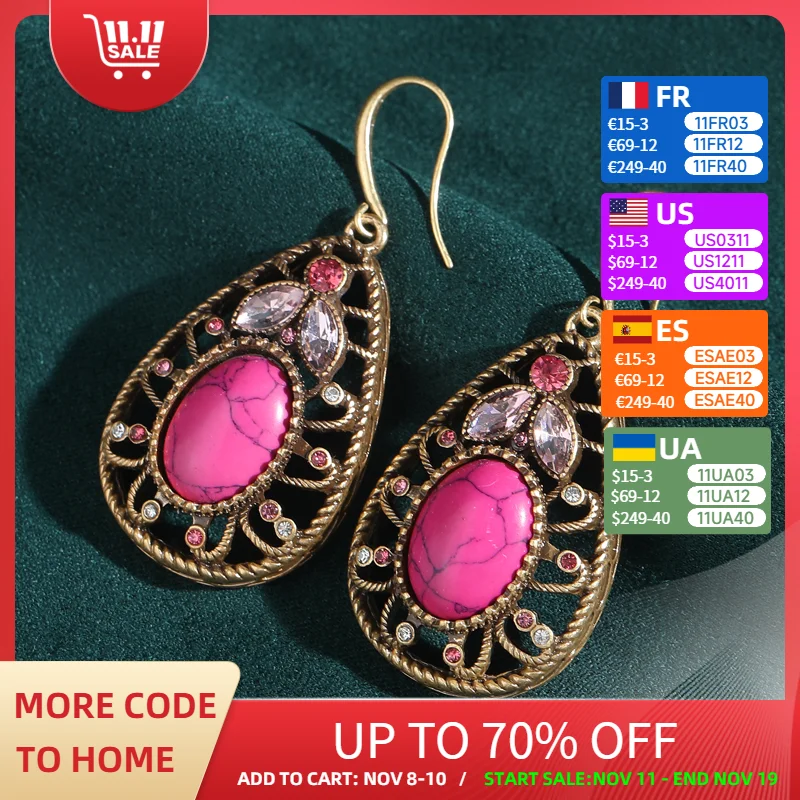 

Vintage Rose Natural Stone Water Drop Earrings Hook Woman Gold Color Leaf Rhinestone Luxury Quality Jewelry Retro Antique 2025