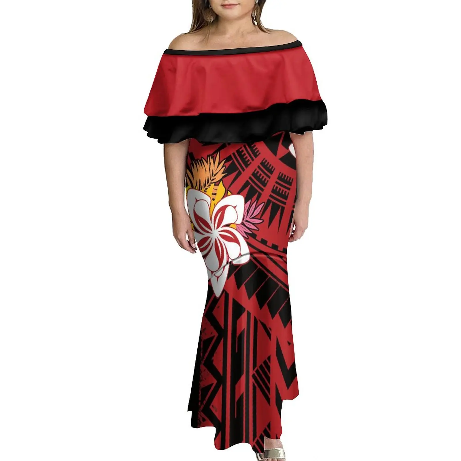 

Women'S Evening Fishtail Dress Plus-Size 7xl Summer Women'S Off-The-Shoulder Dress Designed By A Hawaiian Polynesian Tribe