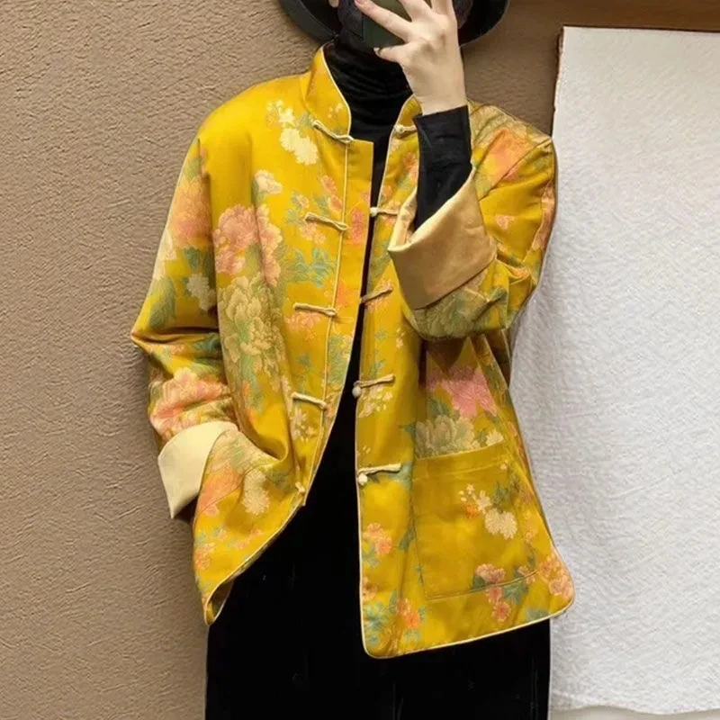 

Осенне-зимнее новое китайское пальто с цветочным принтом для женщин, желтая куртка Ципао с карманами и длинными рукавами на пуговицах в виде лягушки, винтажная