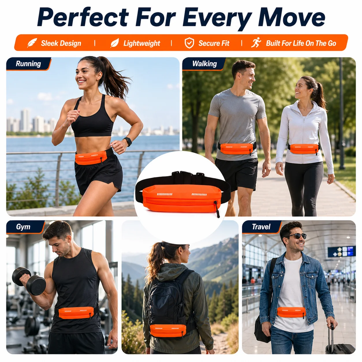 Riñonera Deportiva Multifuncional, Cinturón de Running Ligero Resistente al Agua, Riñonera Ajustable con Bolsillo con Cremallera