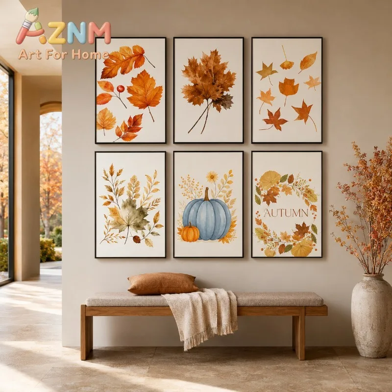 Watercolor Fall Maple Leaf Canvas Gallery Wall Prints Blue Pumpkin Pumpkin Spice Typography Wall Art Farmhouse Home Decor Gift