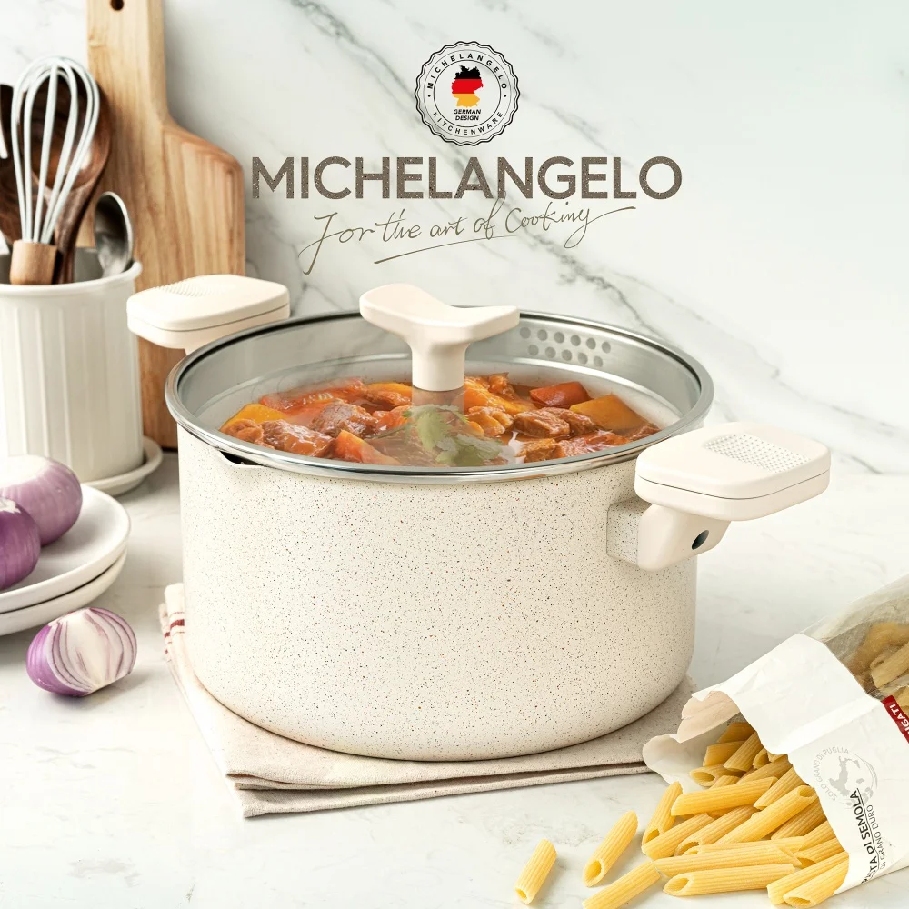 

MICHELANGELO 6QT Кастрюля с антипригарным покрытием и крышкой Кастрюля для макарон с поворотными и запирающимися ручками Многофункциональная кастрюля с гранитным покрытием Посуда