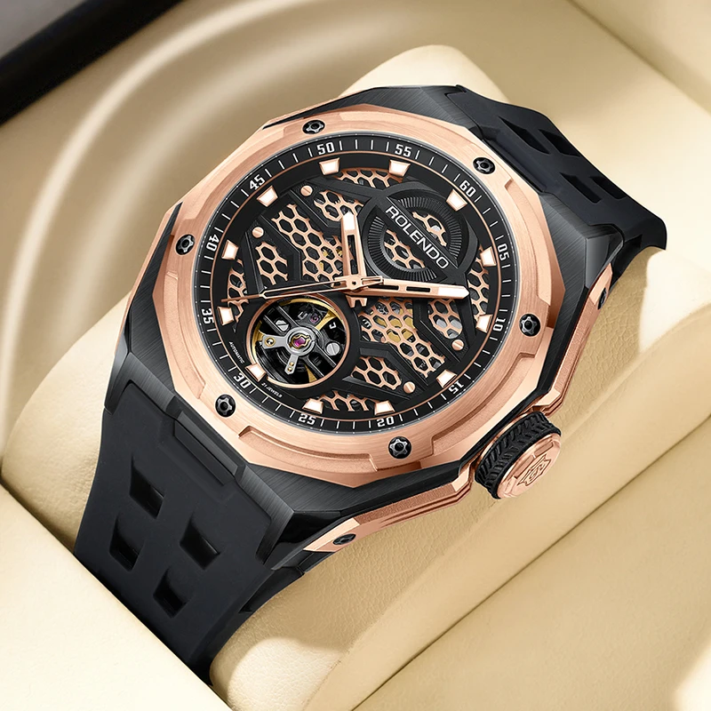 ROLENDO 7087 Fashion Luxury Automatic Mechanical 316L Steel Sapphire Glass Watch Clock for Men Silicone Tape Waterproof Watch