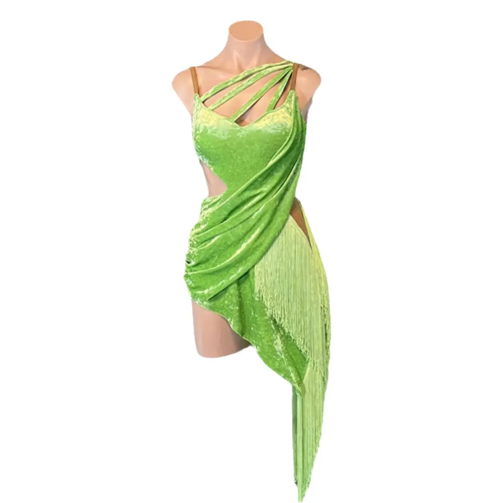 Concours de danse latine, vêtements pour femmes, Costume d'examen d'art en velours vert haut de gamme, robe de spectacle Cha Samba