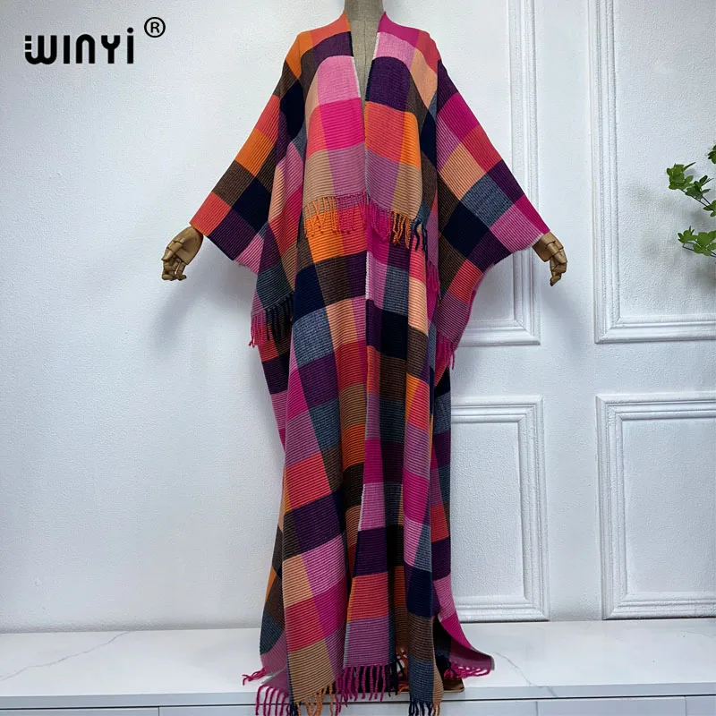 WINYI Retro plaid winter coat Middle East kaftan Pleated dress Africa Cardigan holiday cloak winter abaya women long down coat