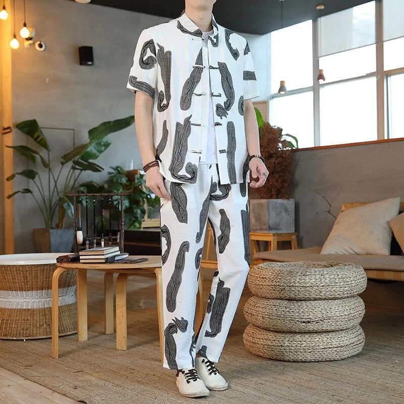 

Summer New Fashion Trend Printed Short-Sleeved Shirt and Trousers Set For Men Loose Sporty Breathable High-Grade Two-Piece Set