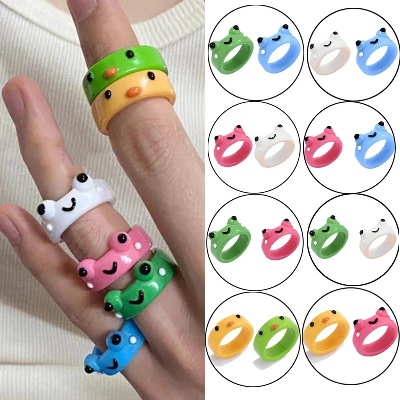 2Pcs Cute Frog Rings Polymer Clay Resin Acrylic Rings for Women Girls Animal Jewelry Kids Summer Fashion Travel Jewelry Gifts