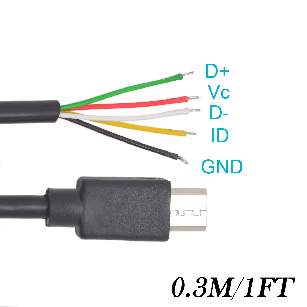 Micro USB 5-Pin Pigtail Cable 0.3M/1FT 28AWG w/ Bare Ends for Repair DIY