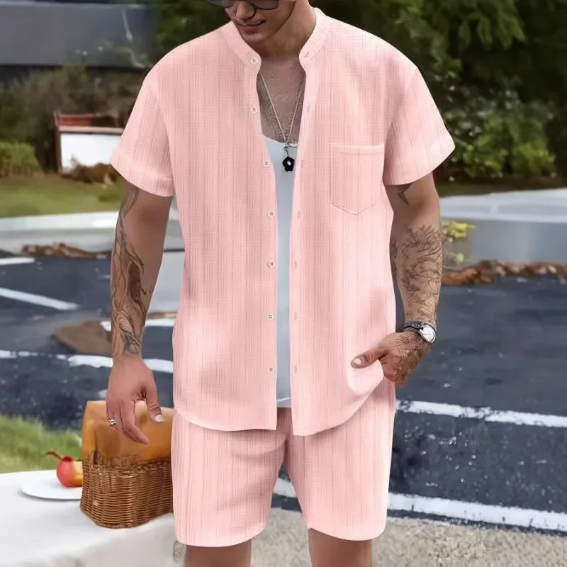 New Style Summer Men's Fashion Beach Suit Outdoor Sports Casual Shirt Solid color Loose Short Sleeve Shorts Beach Two-piece
