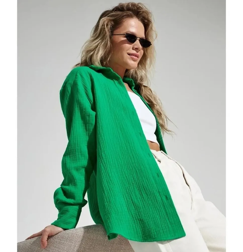 Baumwollhemd, lässig, einfarbig, lockere Damenoberteile, Knopfkleidung, langärmelig, elegante Hemden