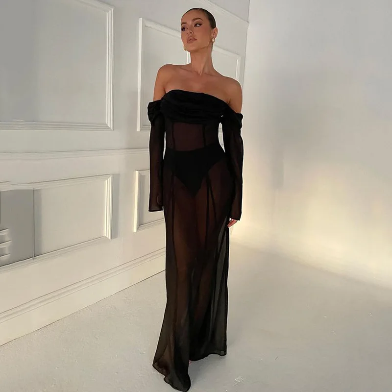 Nuovo abito lungo trasparente con maniche lunghe sexy alla moda senza spalline per le donne autunno