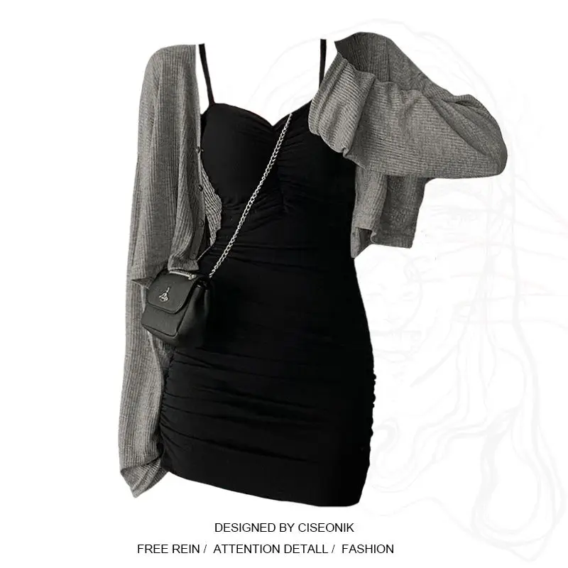 

plus Size Women's Sweet Spicy Pleated Tube Top Strap Dr Knitted Sunscreen Cardigan Slimming Set Ci Commute Spring Wear