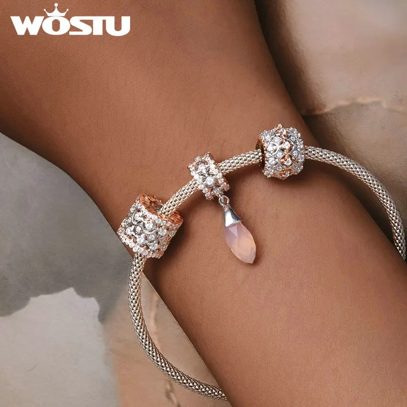 WOSTU 925 Sterling Silver Rose Gold Two-Tone Clover Heart Charms Crystal Drop Pendant Hollow Out Beads Fit DIY Bracelet Necklace