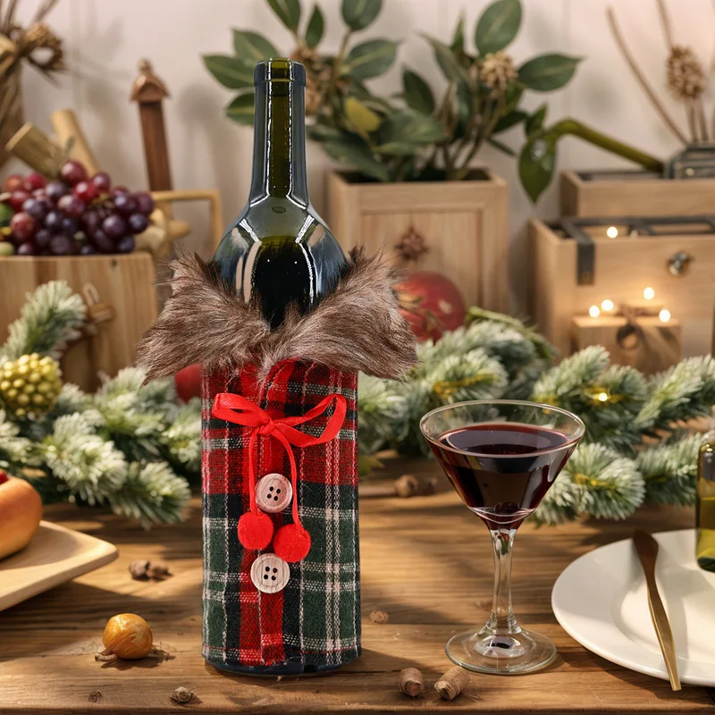 Christmas Wine Bottle Cover with Bow Linen Furry Collar, European‑American Style Xmas Party Decor Gift Ornament