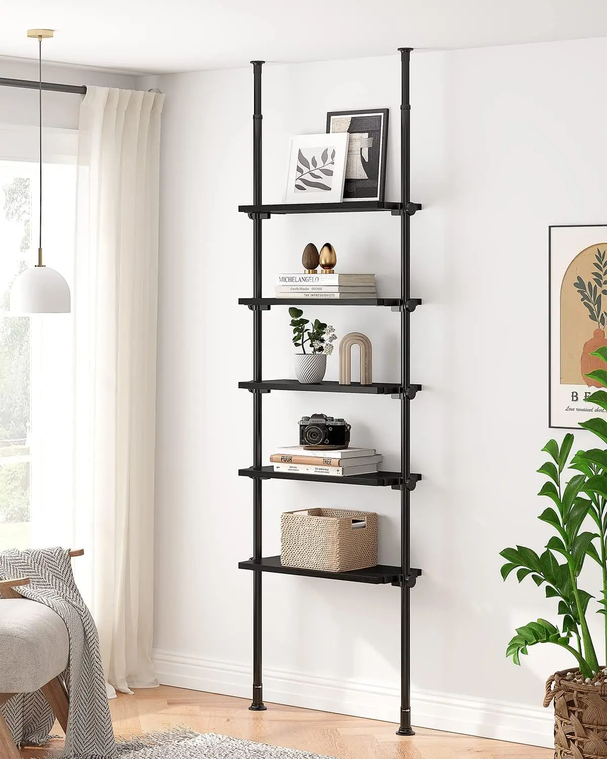 

5 Tiers Narrow Bookshelf, Tall Adjustable Ladder Book Shelf with Open Storage, Floor to Ceiling Tension Mount, Wooden In