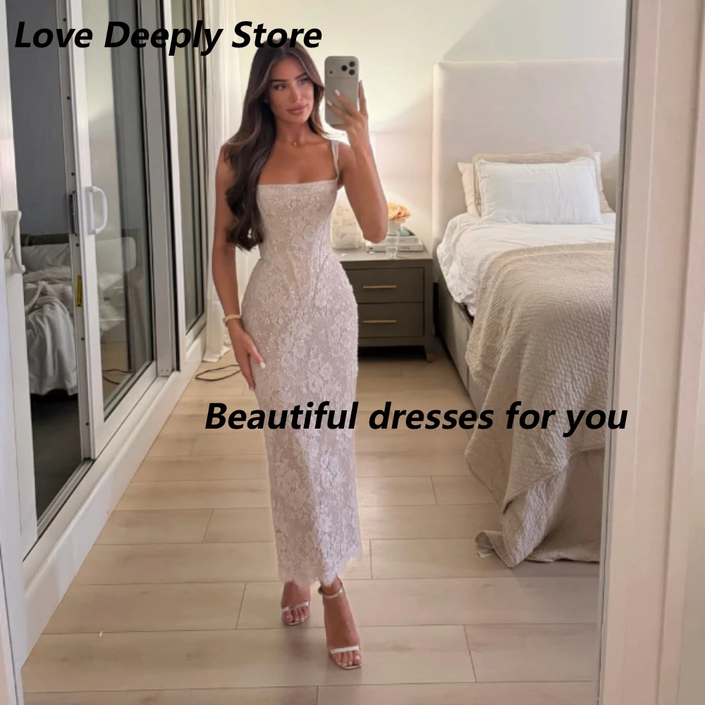 Maßgeschneidertes Dubai Sweet Abendkleid mit Spaghettiträgern und Spitzenapplikationen, Meerjungfrauen-Partykleid für Damen 2026, Teelänge