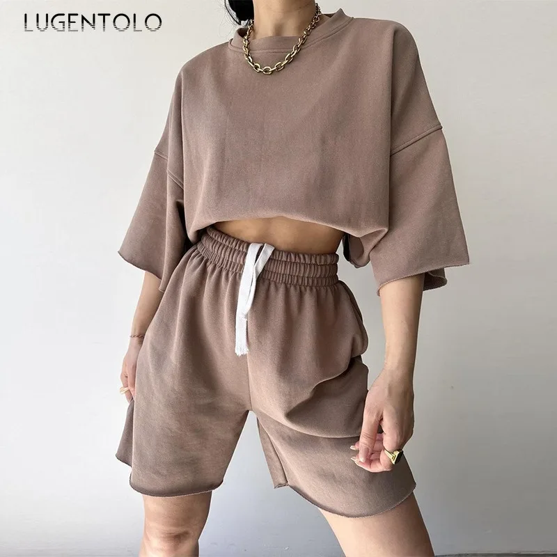 Women Casual Two-piece Set Fashion Rolled-edge Design Dropped Shoulder Sleeve T-shirt Loose Athletic Shorts Party Street Outfits