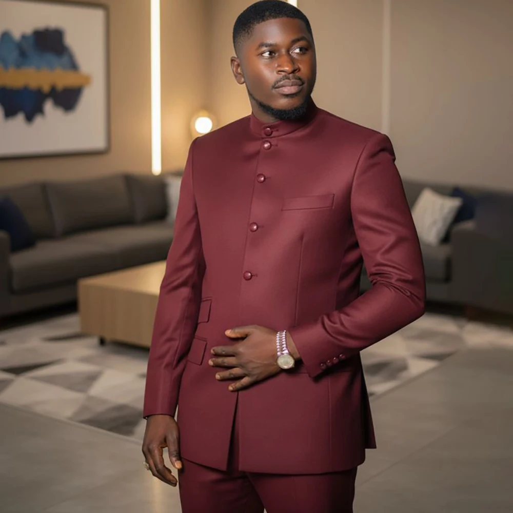 

Back Men's Suits Elegant Single Breasted Stand Lapel 2 Piece Jacket Pants Full Sets Formal Business Male Clothing Costume Homme