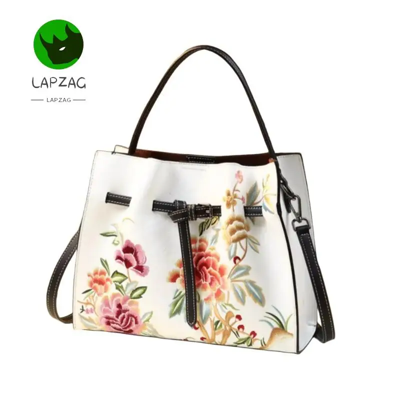 Lapzag Embroidery Floral Shoulder Bag For Ladies girls Chinese national Handbags Luxury Handbag White Evening Big Bags for Women