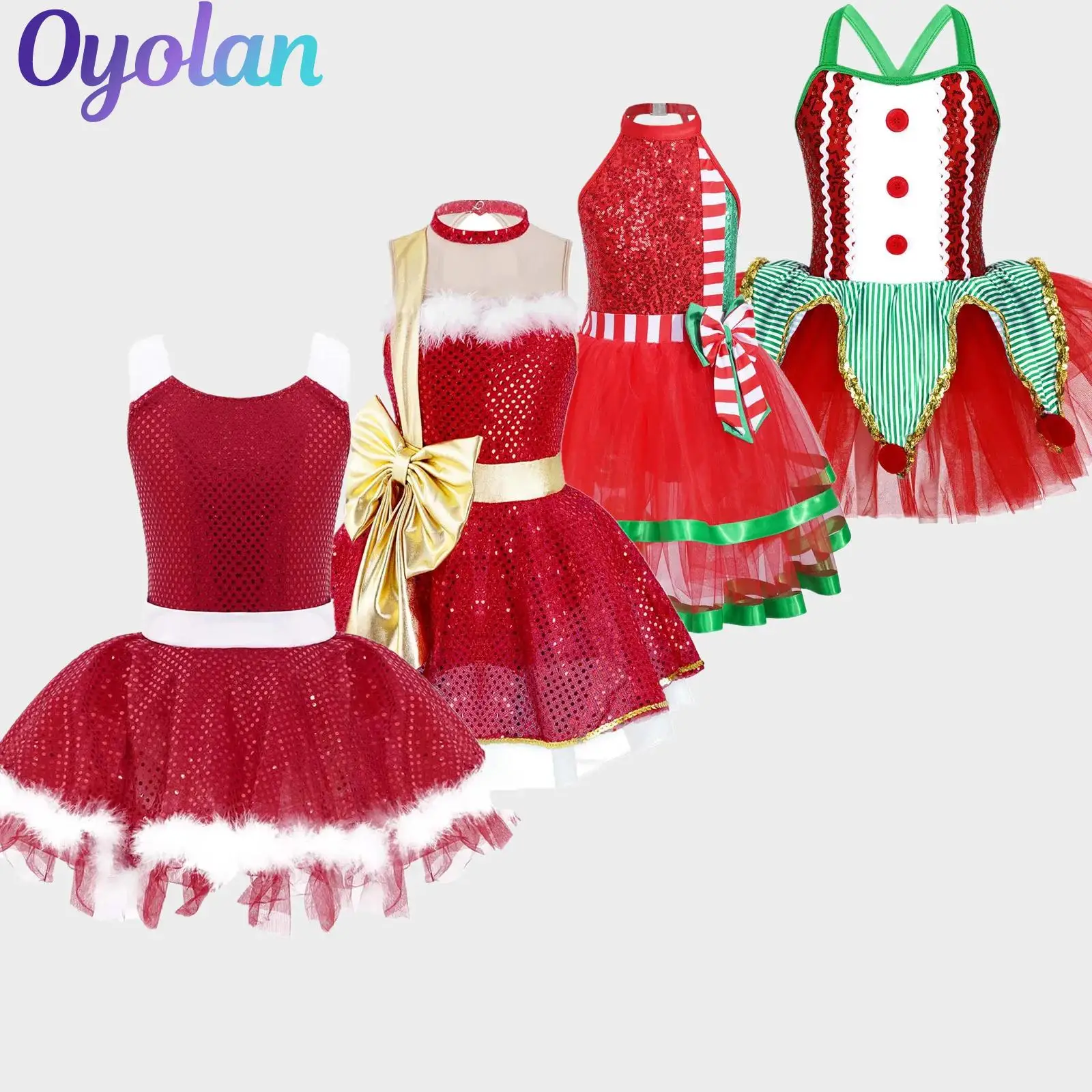 أطفال بنات عيد الميلاد عيد الميلاد قزم قصب الحلوى السيدة سانتا كلوز تأثيري حلي الترتر الجمباز التزلج الباليه ملابس رقص الجمباز فستان