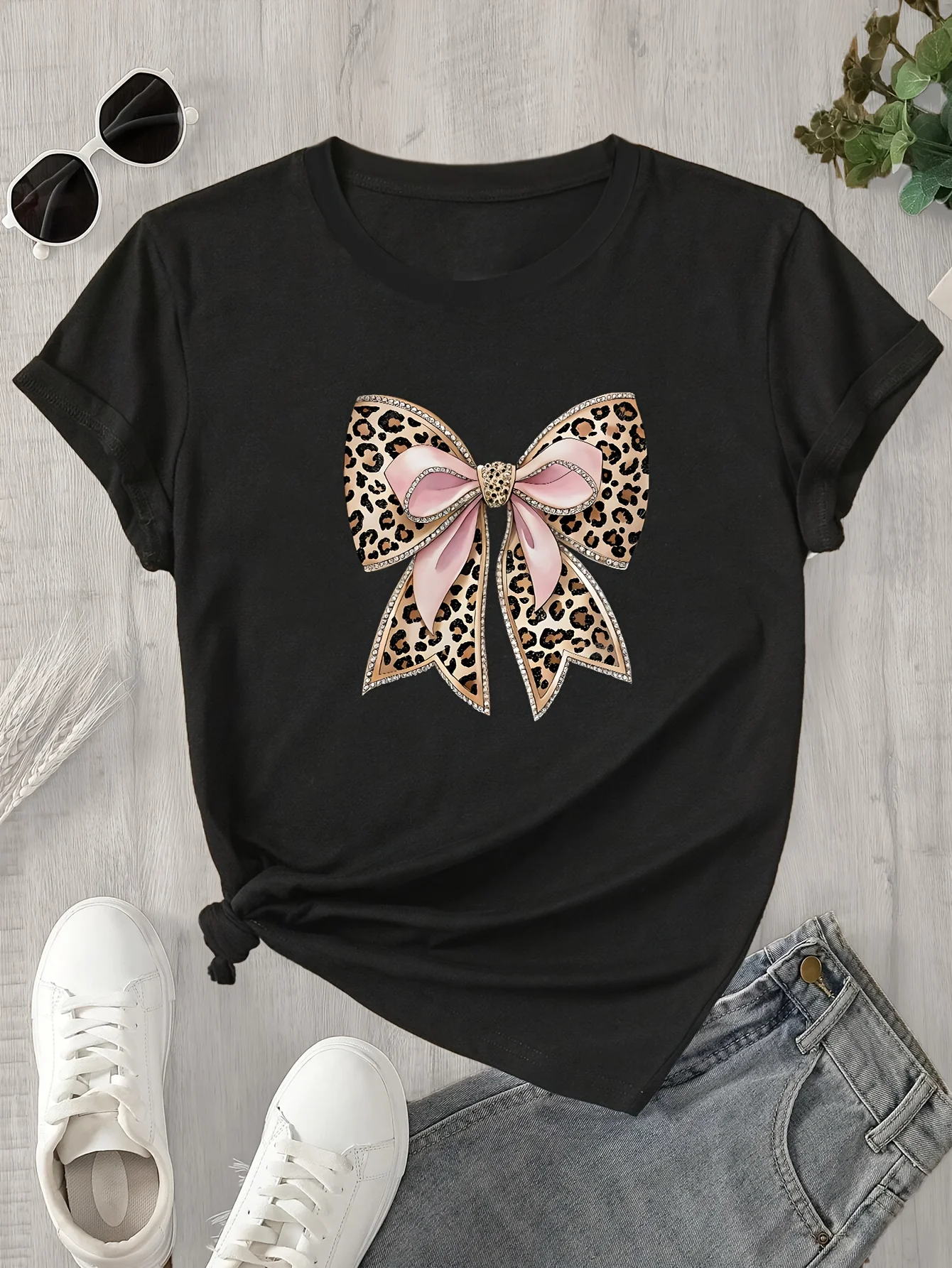 T-Shirt with Bow Print Short-Sleeve Women'S Aesthetic Clothes